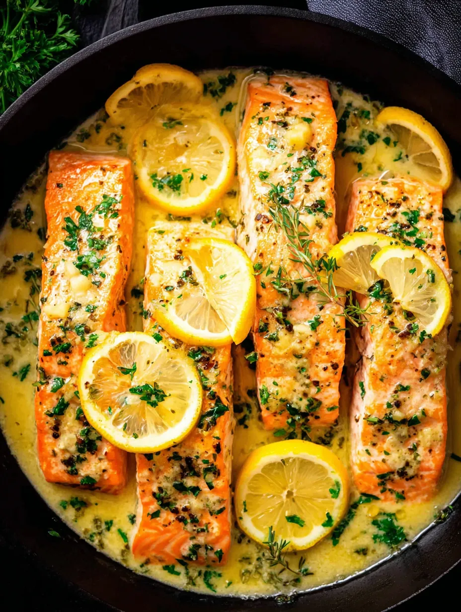 A dish of baked salmon with lemon and herbs.