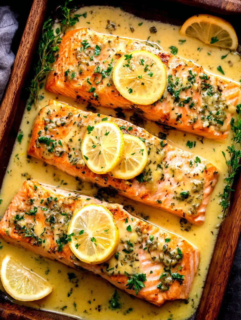 A dish of salmon with lemon and herbs.