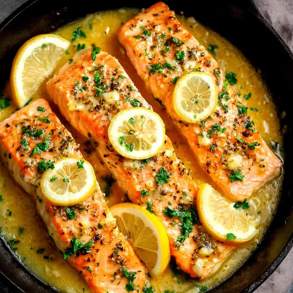 A pan of salmon with lemon and herbs.