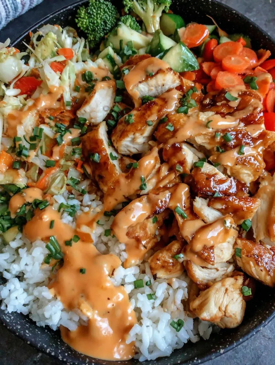 A bowl of food with chicken, rice, and vegetables.