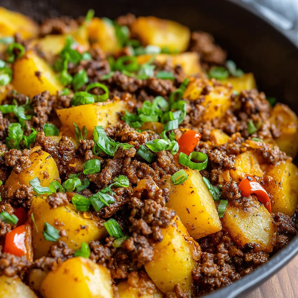A dish of ground beef and potatoes.