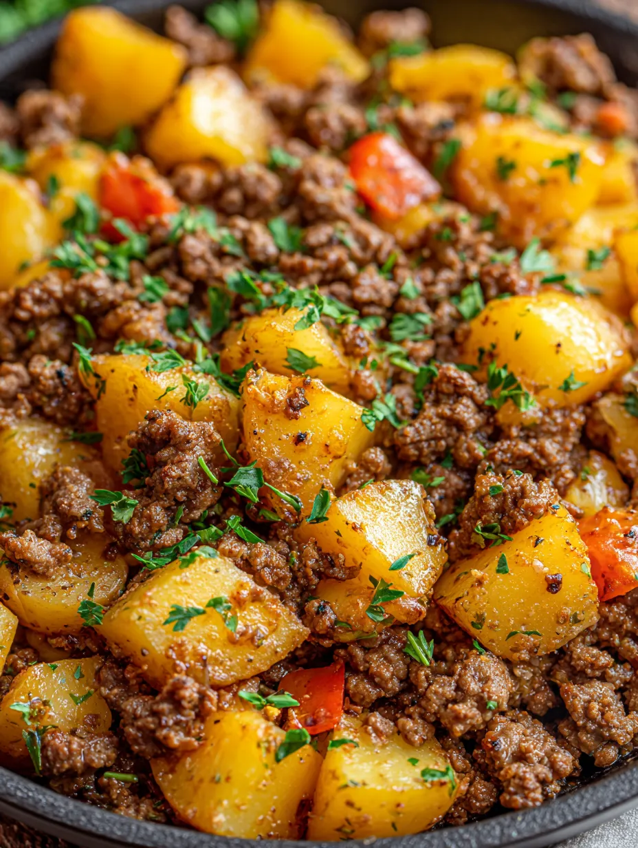 A close up of ground beef and potatoes.