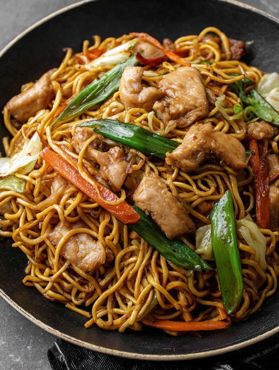 A bowl of chicken chow mein noodles.
