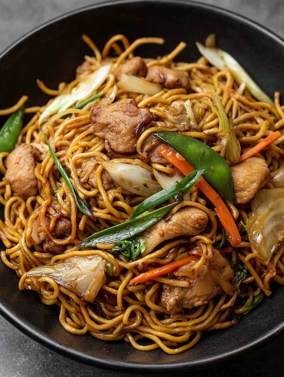 A bowl of chicken chow mein.