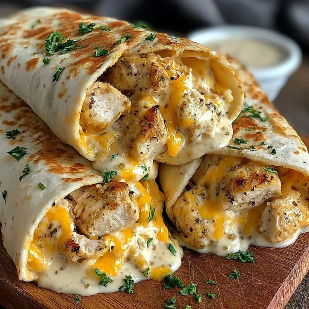 A cheesy chicken garlic wrap on a wooden cutting board.