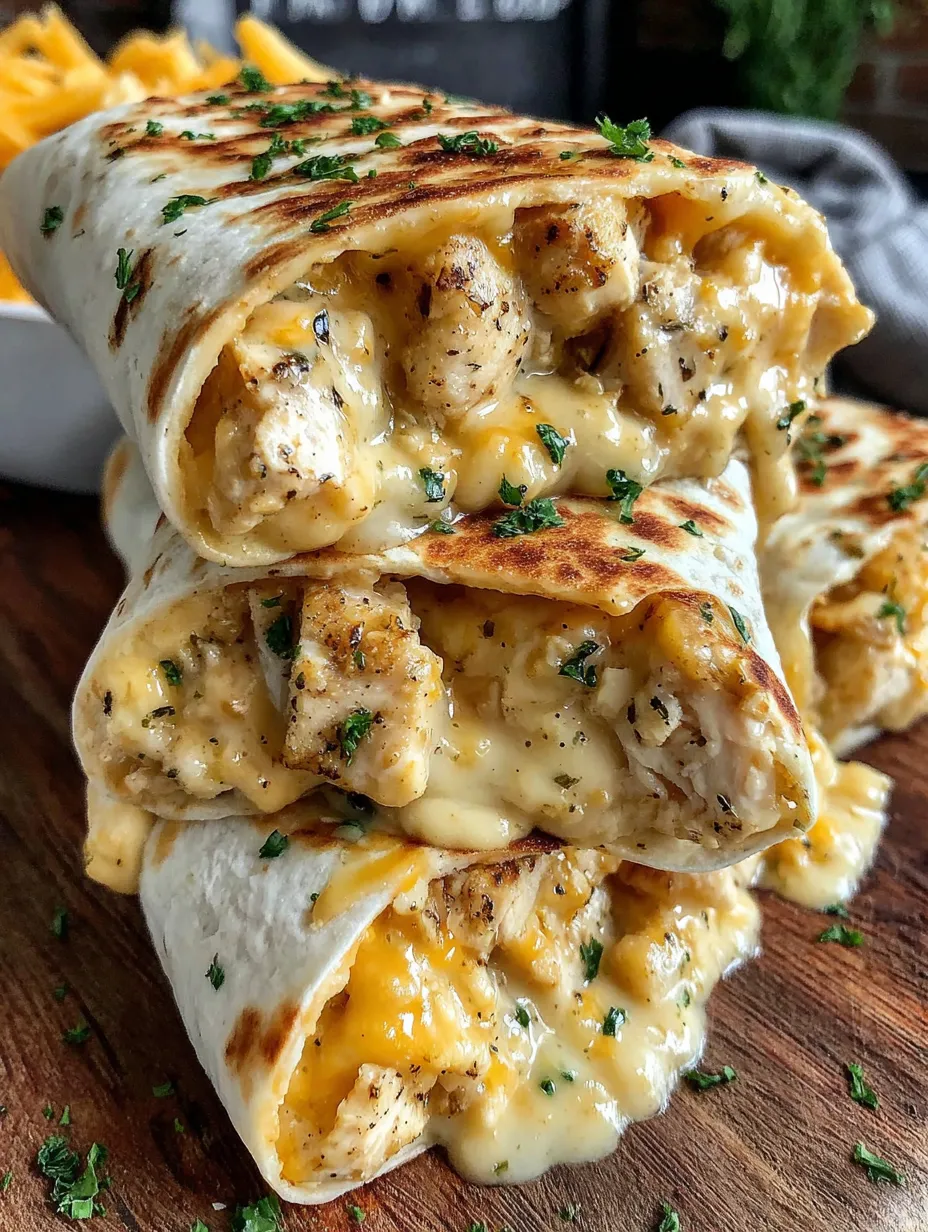 A stack of cheesy chicken garlic wraps.