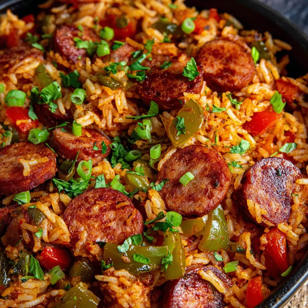 A skillet of rice and sausage.
