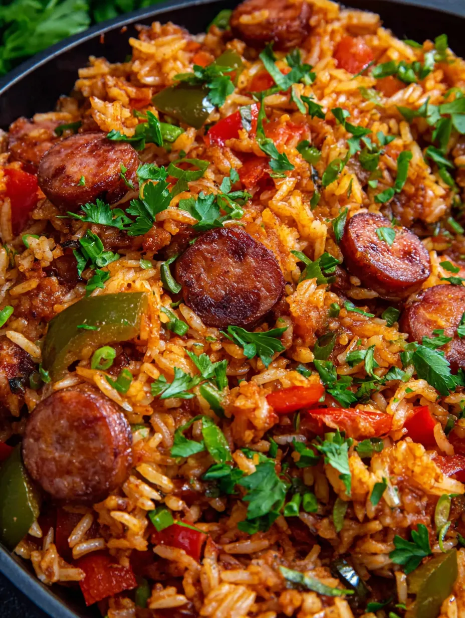 A skillet of Cajun sausage and rice.