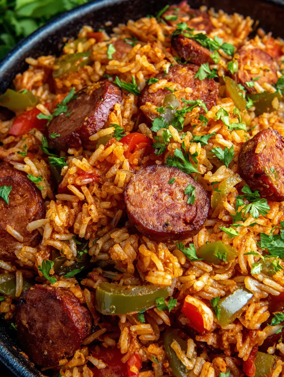 A skillet of Cajun sausage and rice.