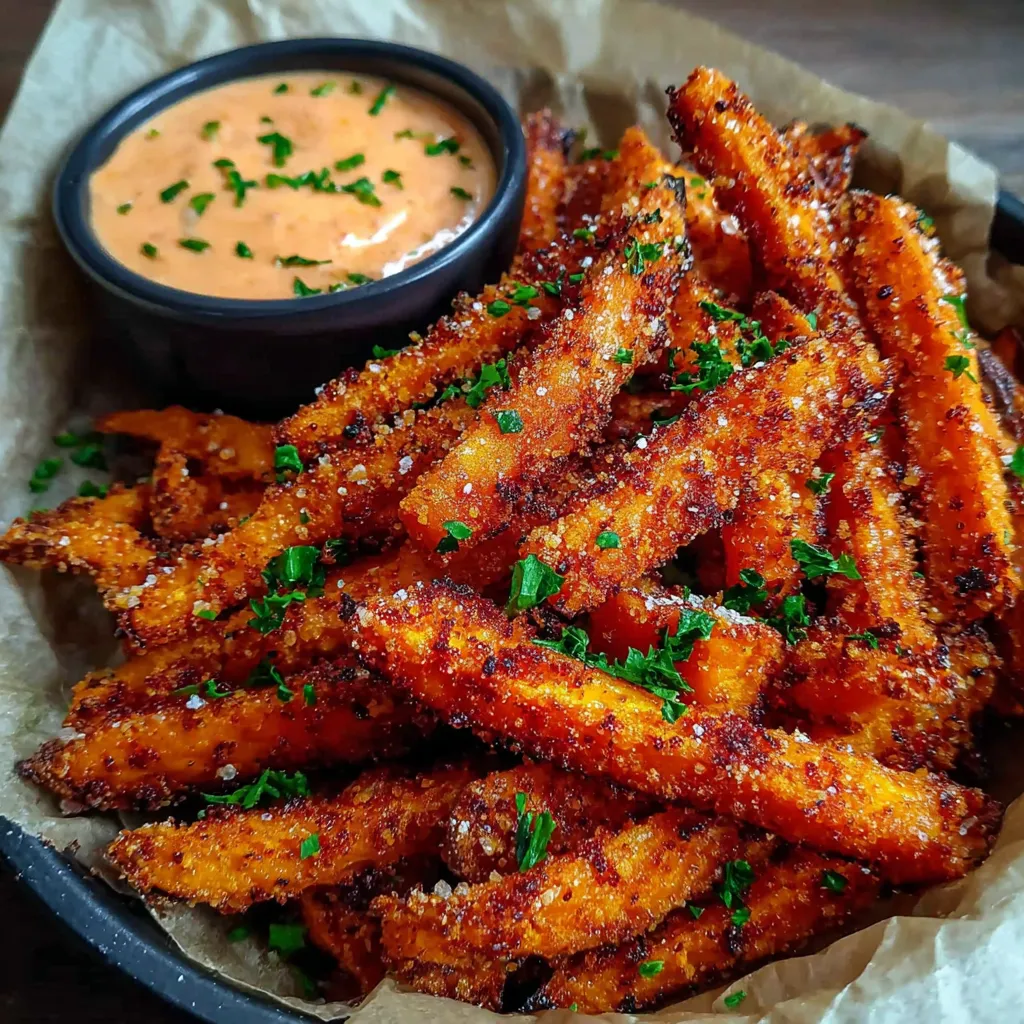A bowl of crispy oven baked sweet potato fries.