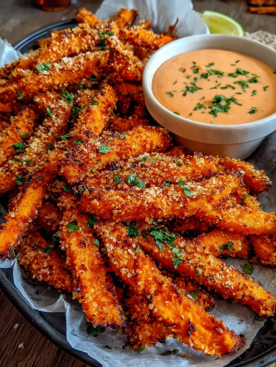 A plate of crispy oven baked sweet potato fries.
