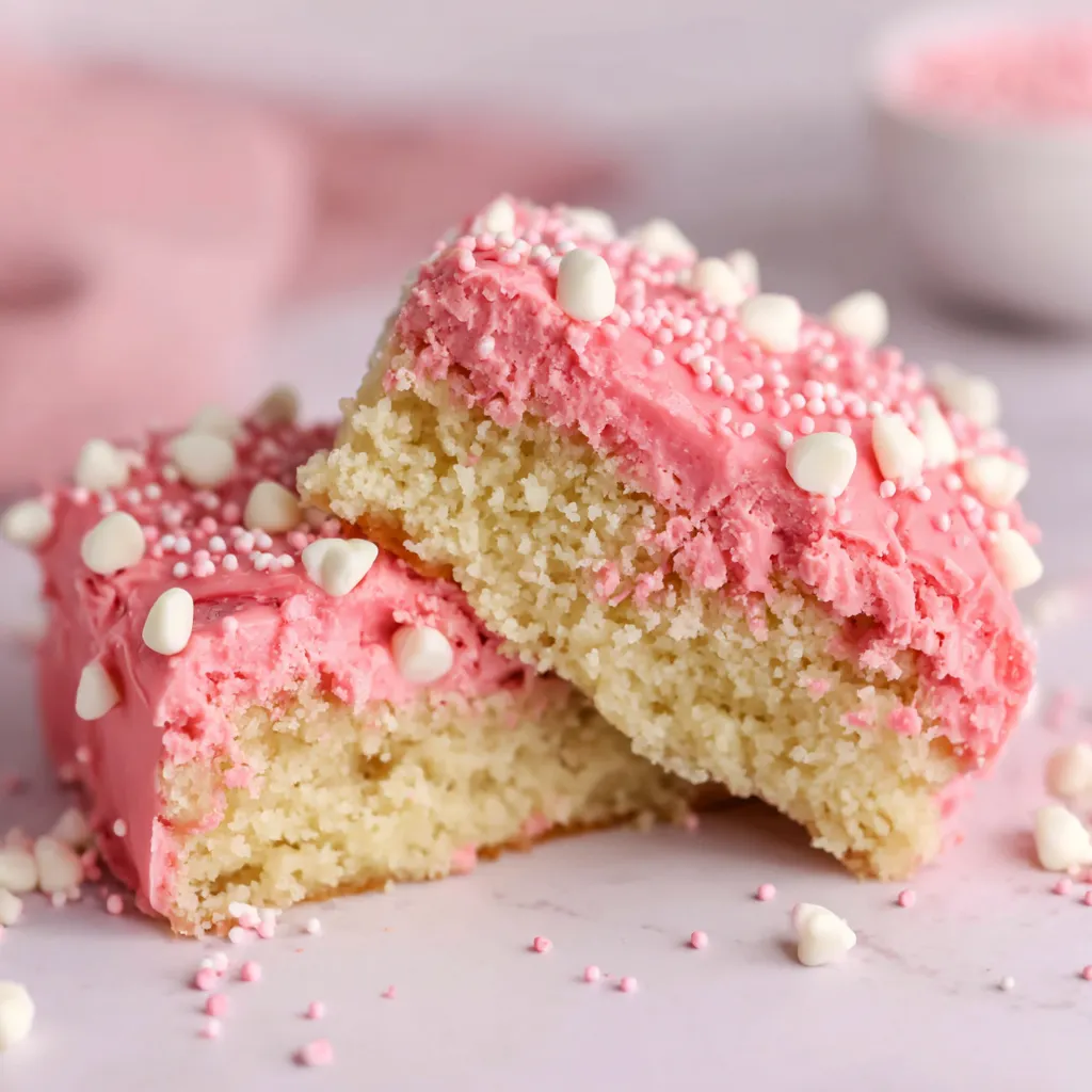 A slice of pink cake with white frosting and sprinkles.