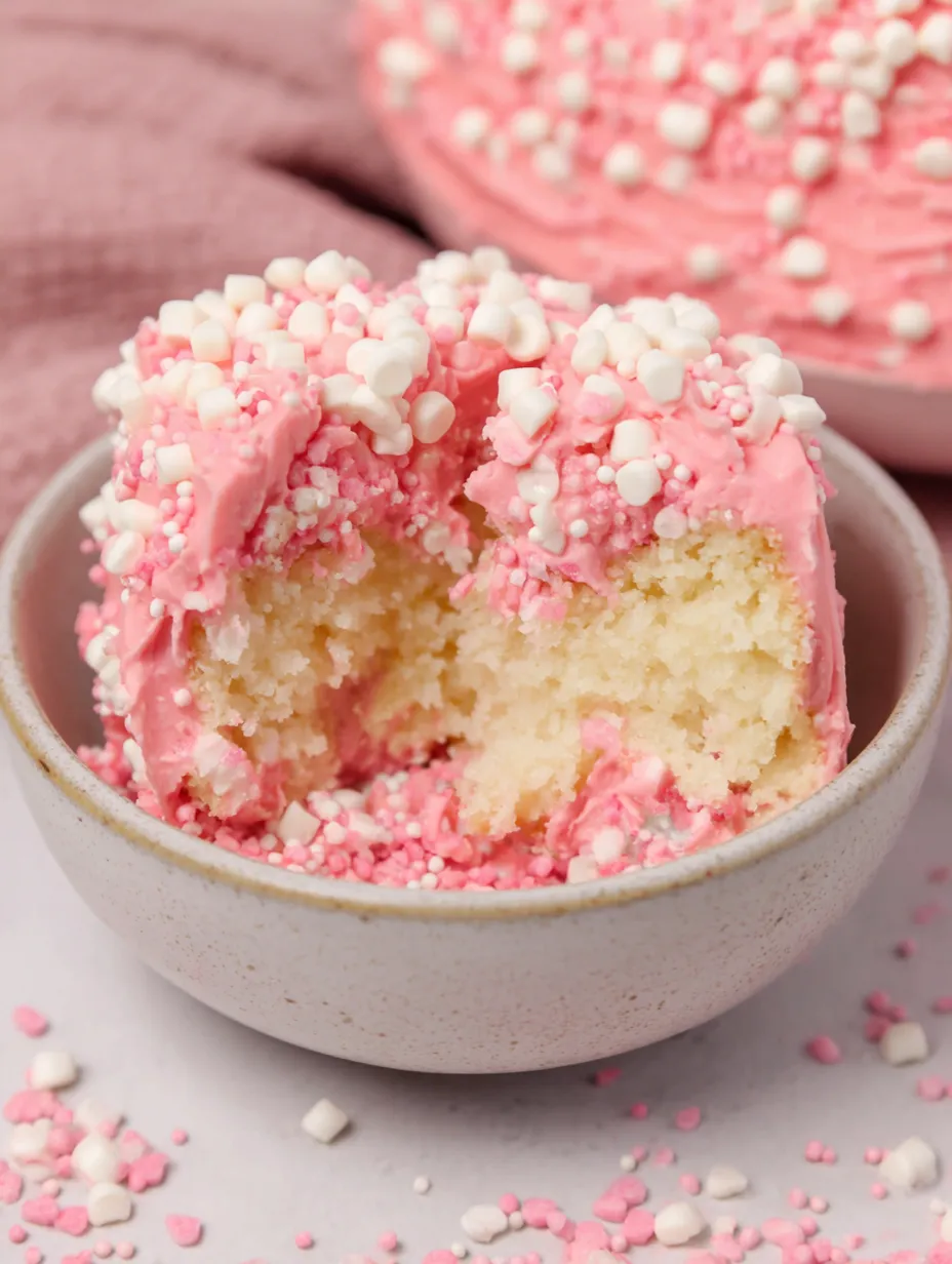 A slice of pink cake with white frosting.
