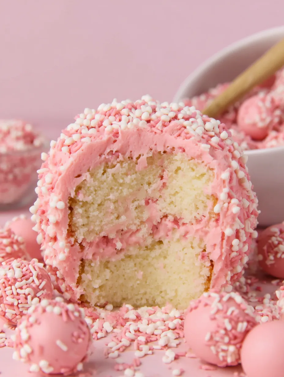 A slice of cake with pink frosting and white sprinkles.