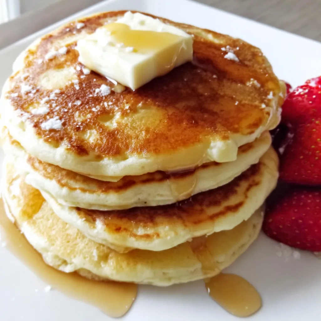 A stack of pancakes with butter and syrup on top.