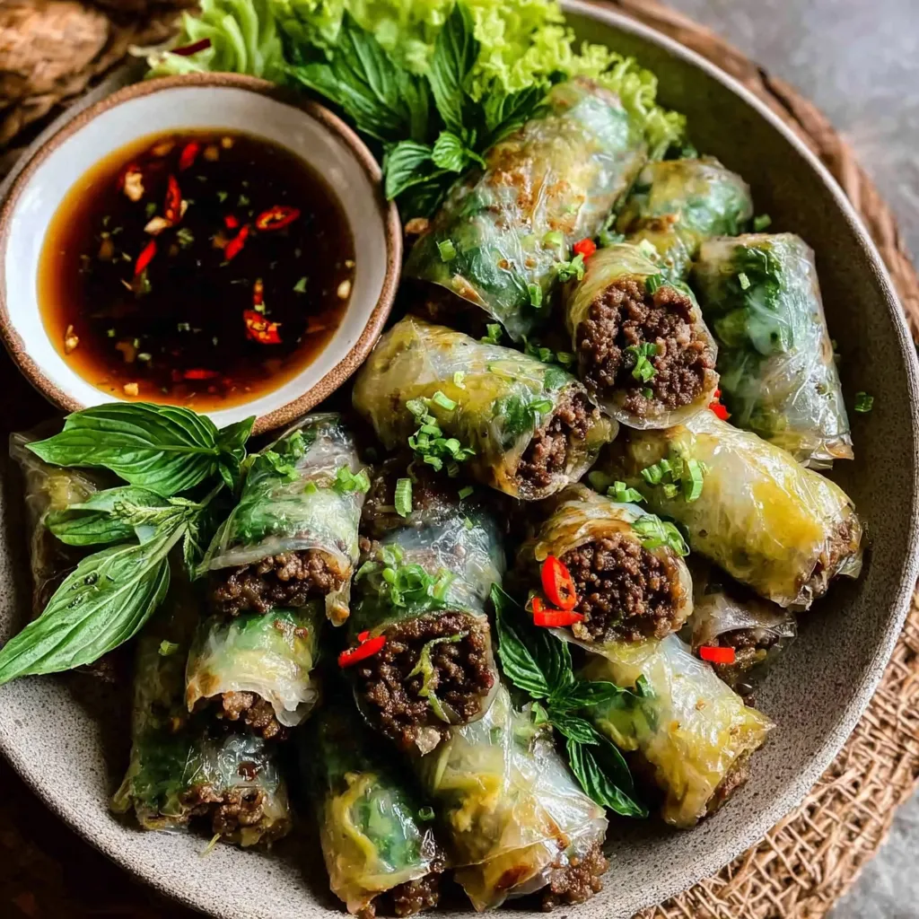 A plate of Thai Basil Beef Rolls.