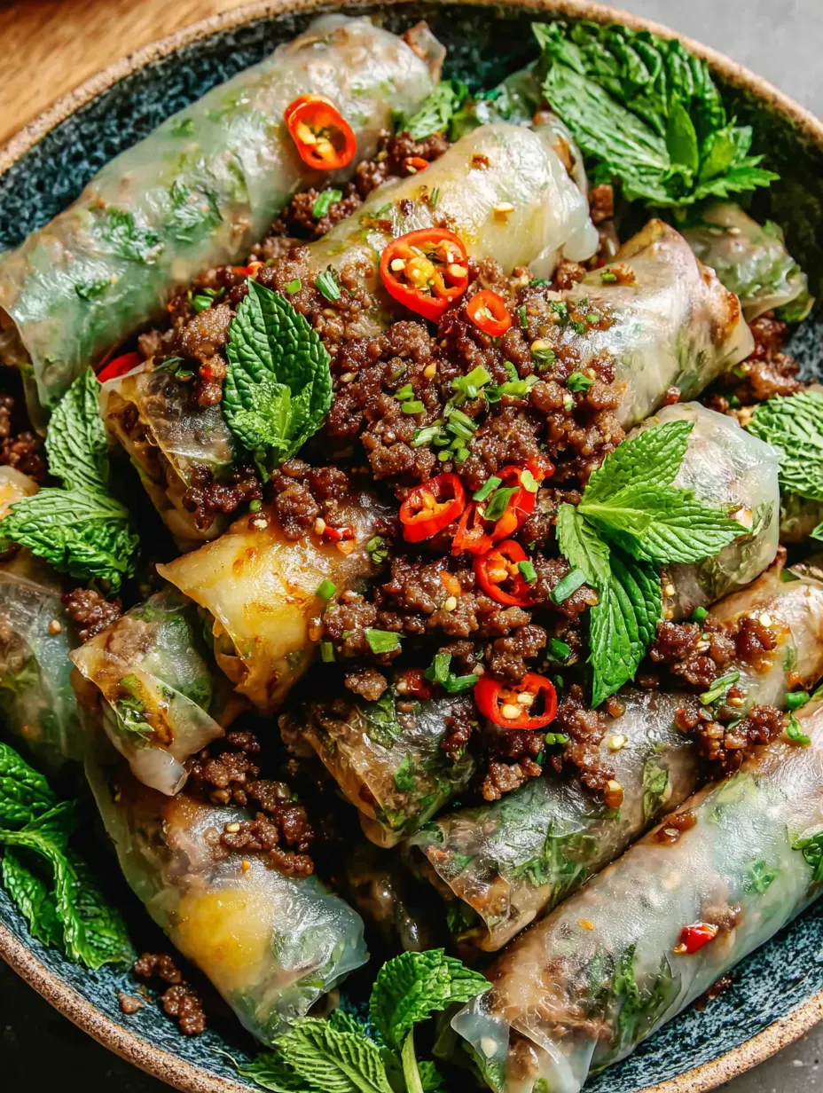 A plate of Thai Basil Beef Rolls.