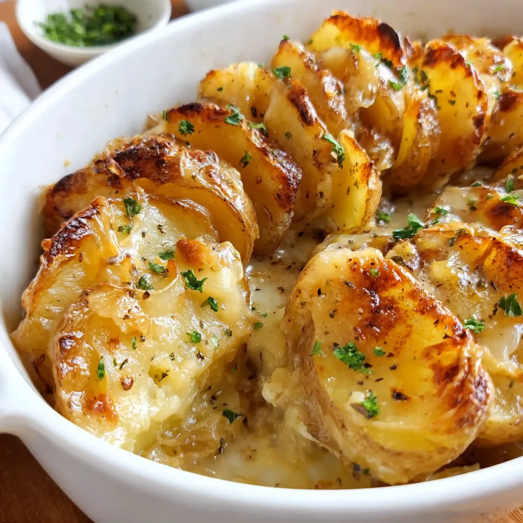 A white bowl filled with French onion potatoes.