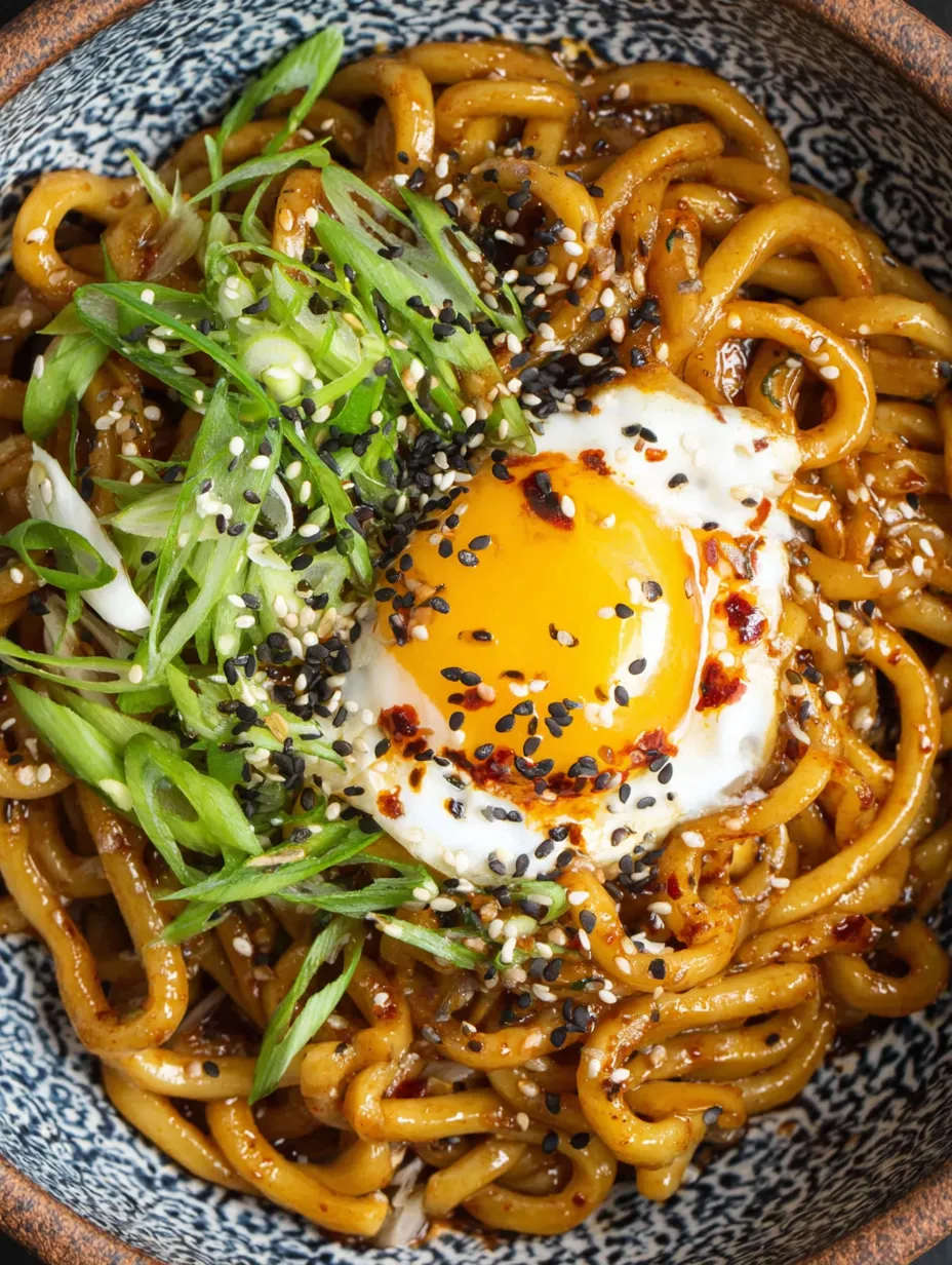 A bowl of chili garlic udon noodles with a fried egg on top.