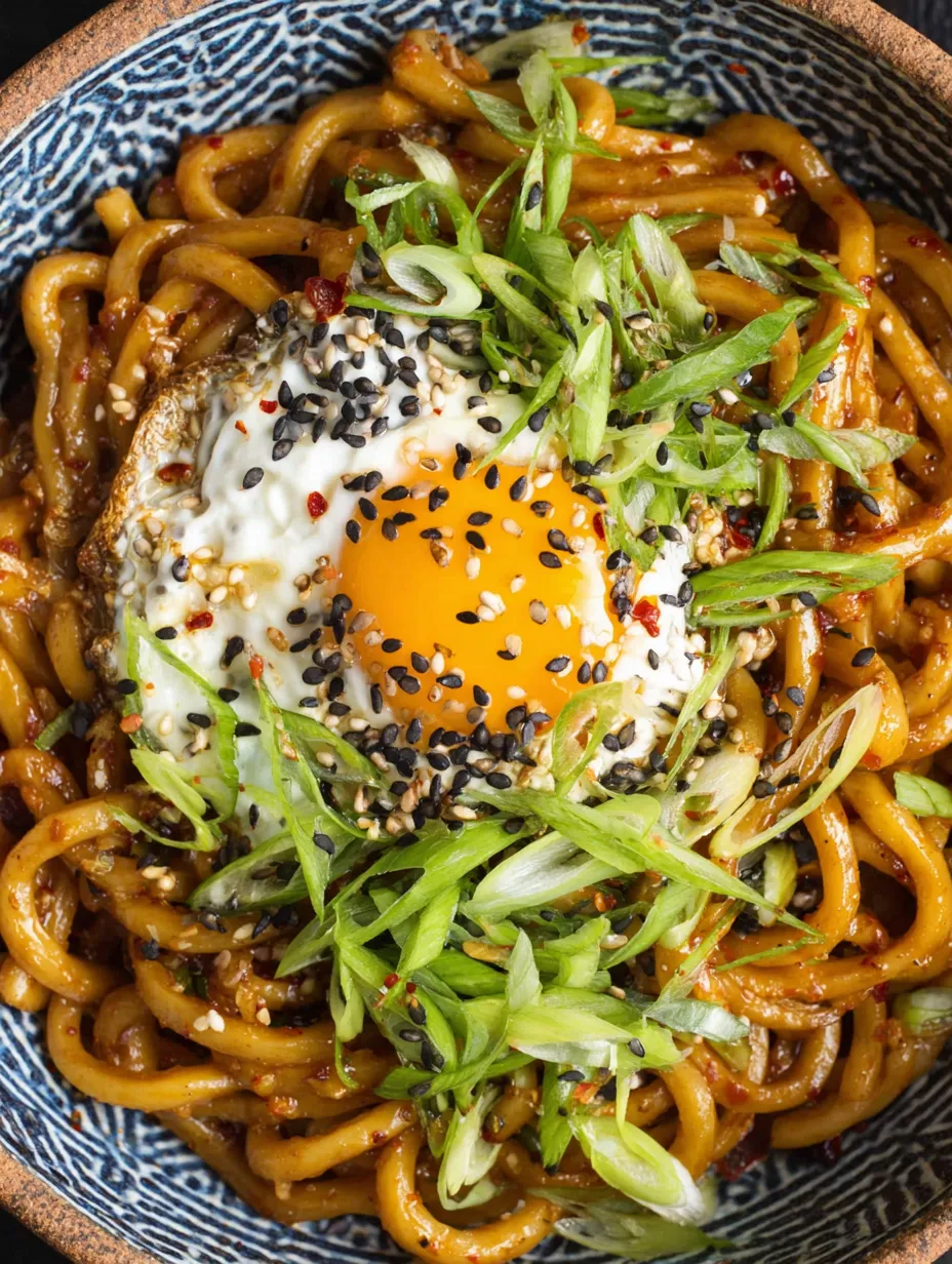 A bowl of chili garlic udon noodles with an egg on top.