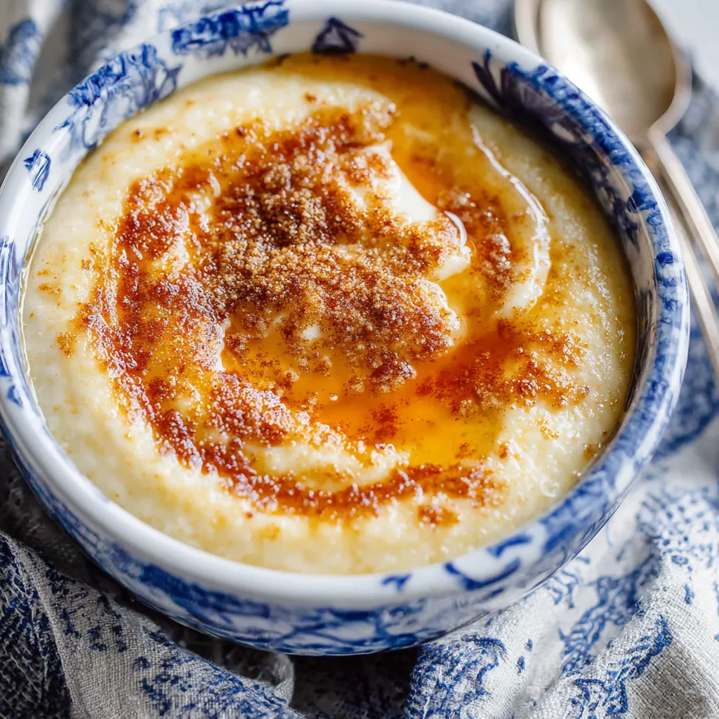 A bowl of rømmegrøt with a spoon in it.