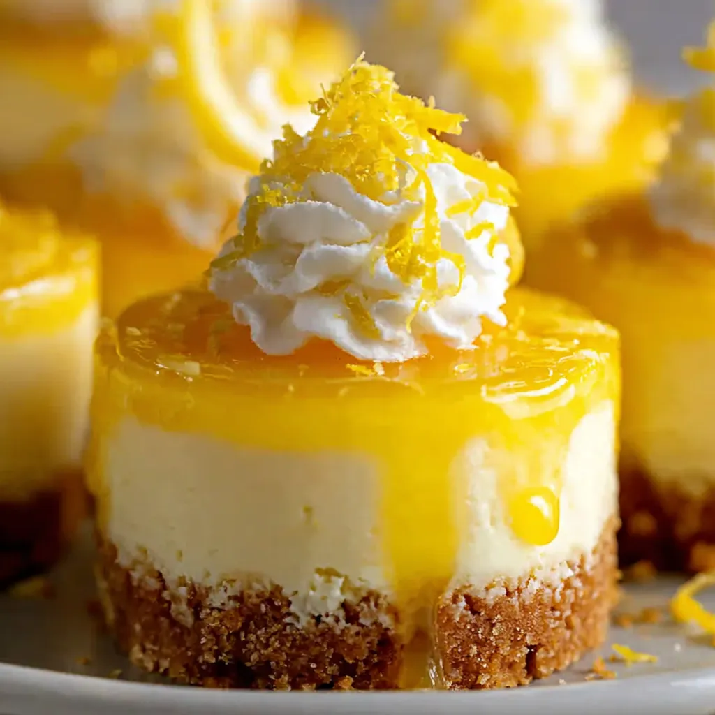 A plate of mini lemon cheesecakes with whipped cream on top.