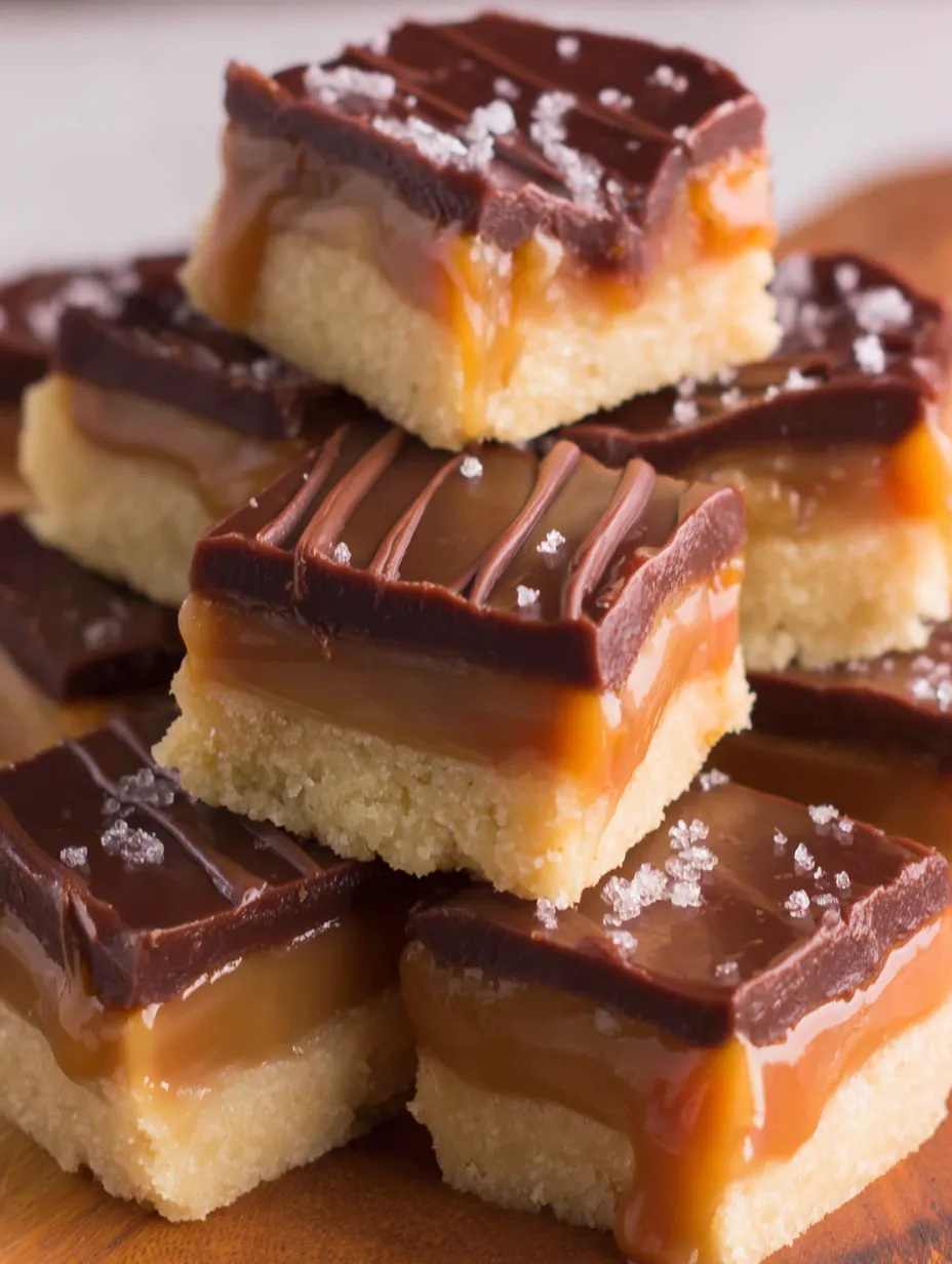 Twix cookie bars with caramel sauce.