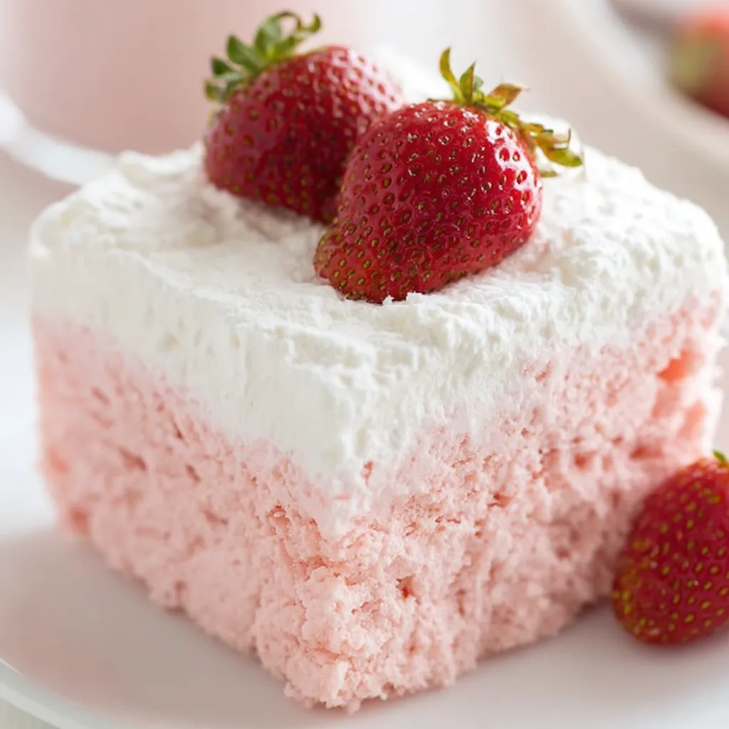 A slice of pink and white cake with strawberries on top.