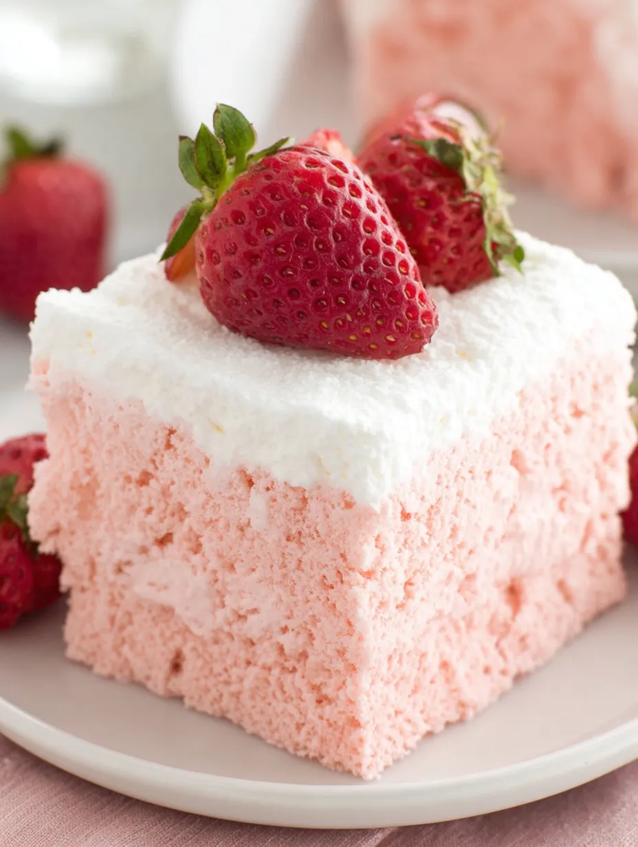 A slice of pink cake with strawberries on top.