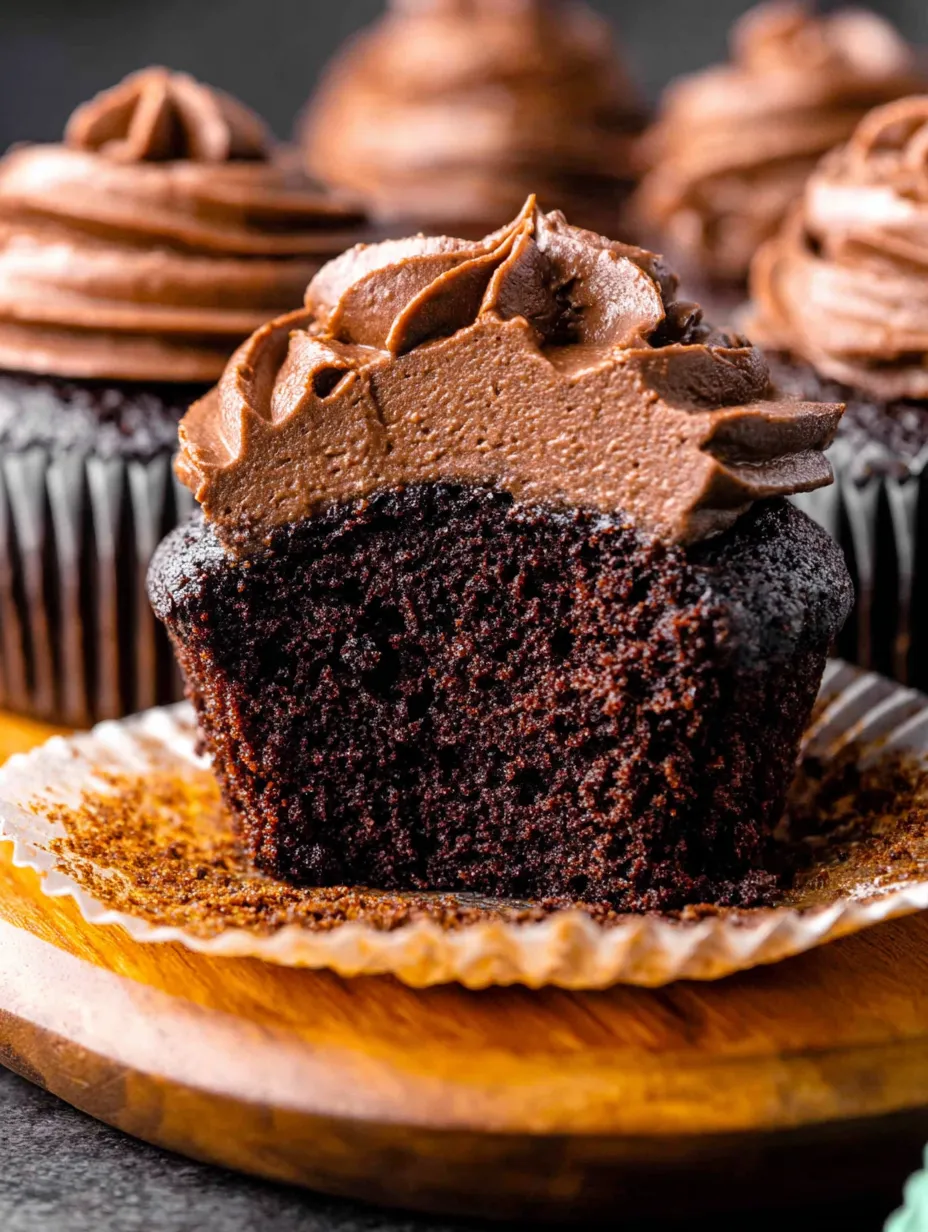 A close up of a chocolate cupcake with chocolate frosting.