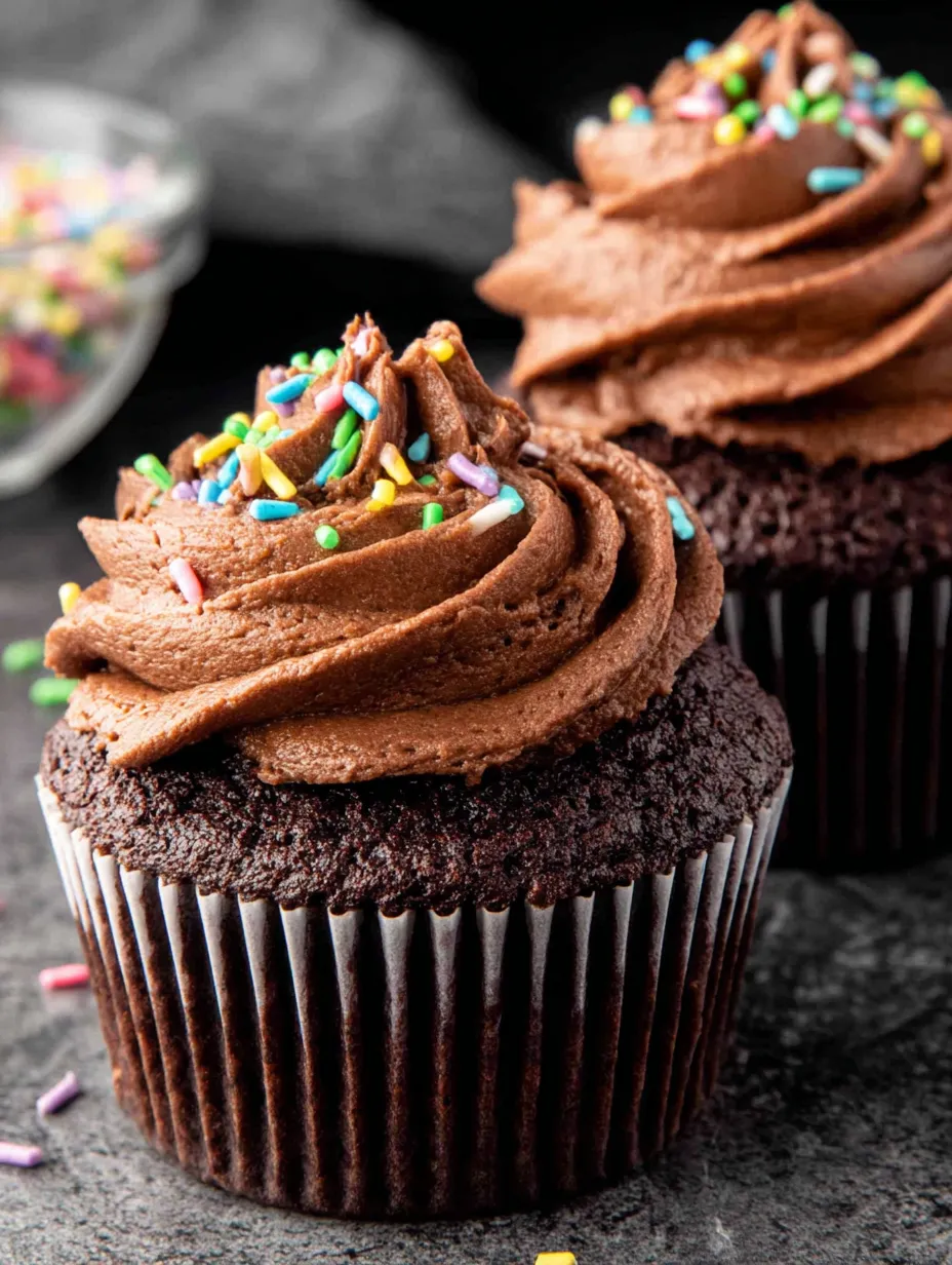 Two chocolate cupcakes with sprinkles.