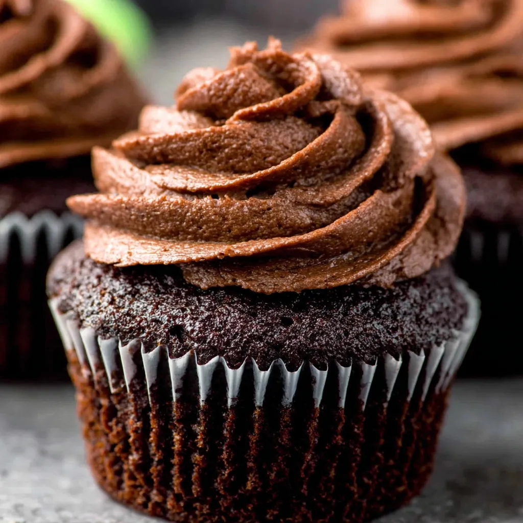 Two chocolate cupcakes with frosting.