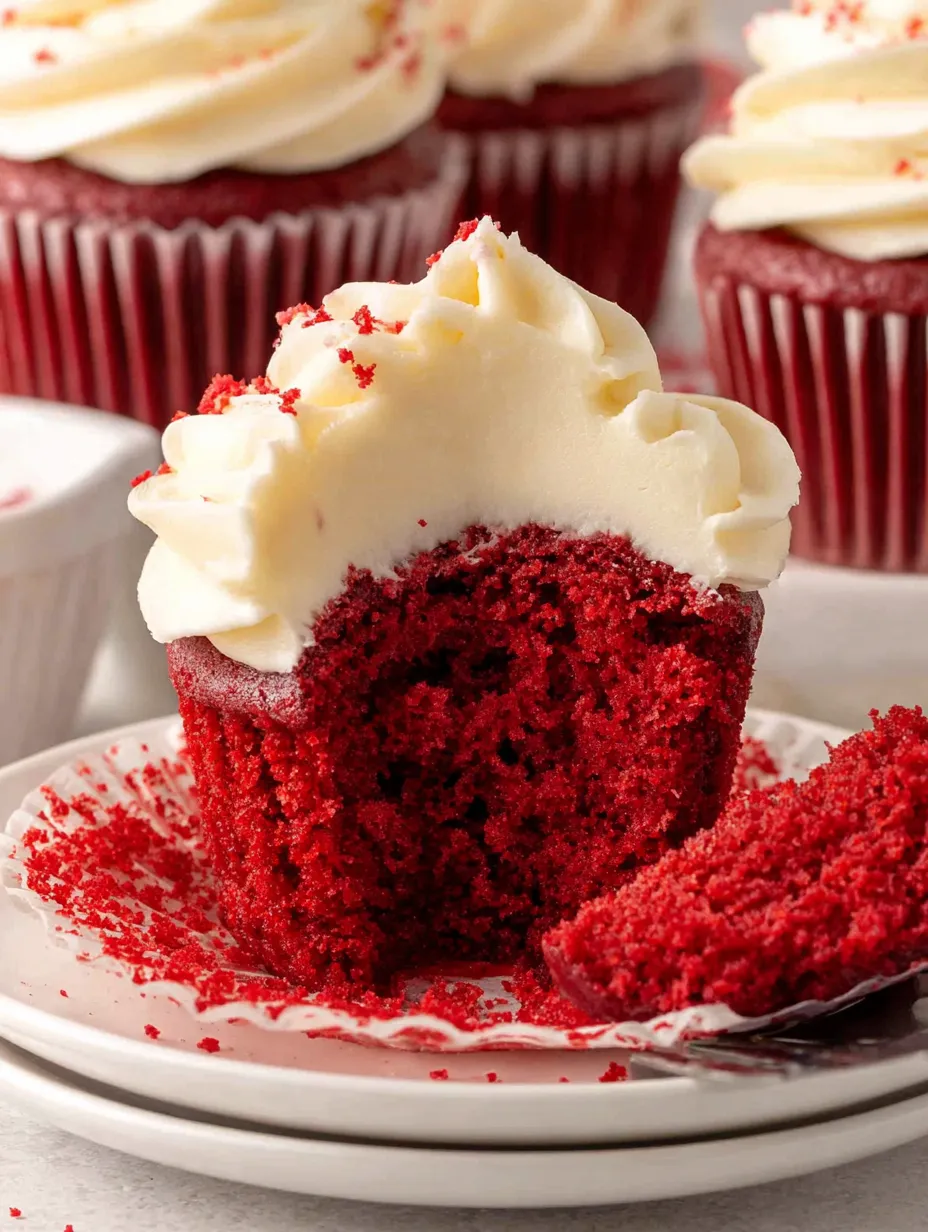 A red velvet cupcake with white frosting.