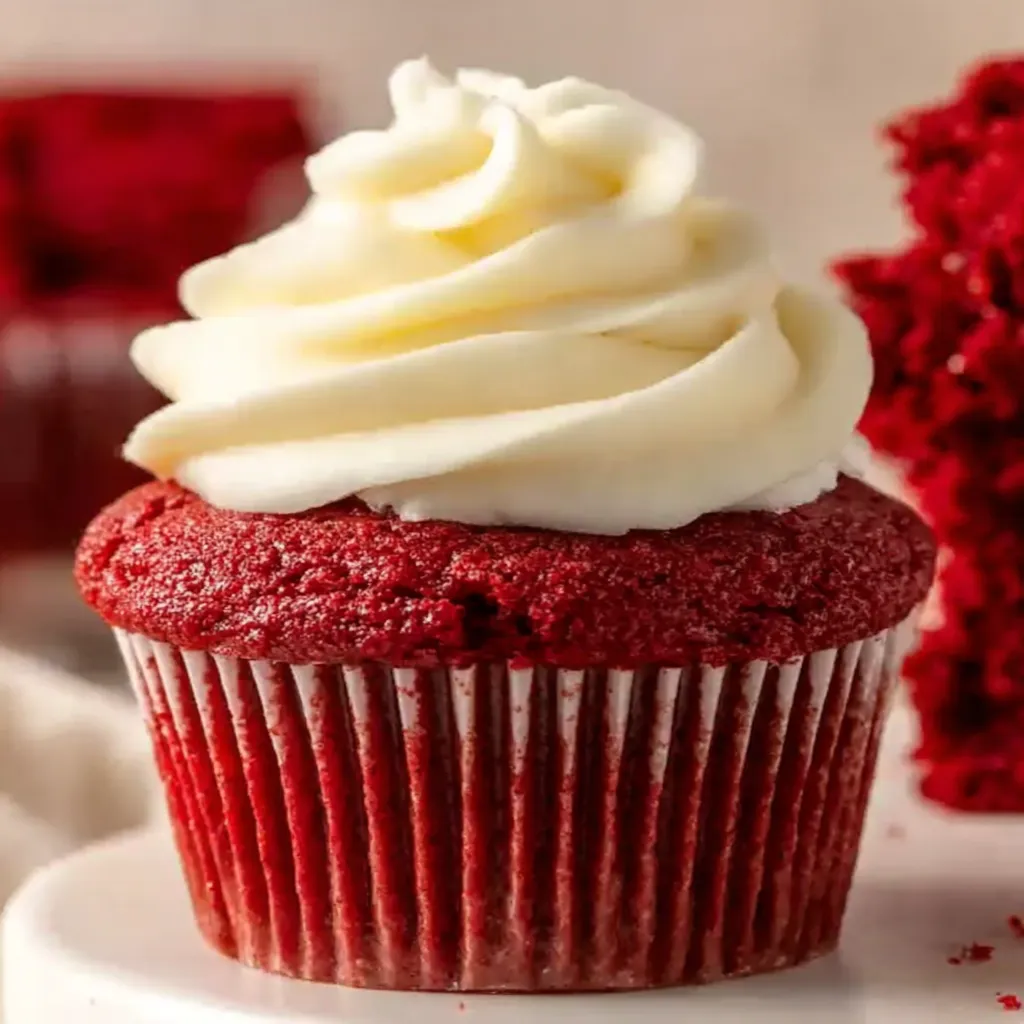 A red velvet cupcake with white frosting.