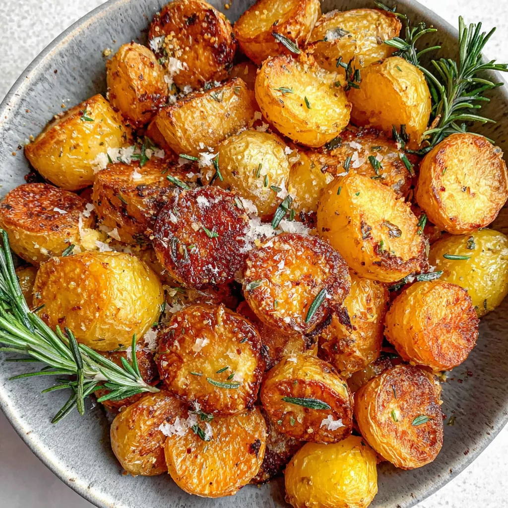 A bowl of roasted potatoes with garlic and rosemary.