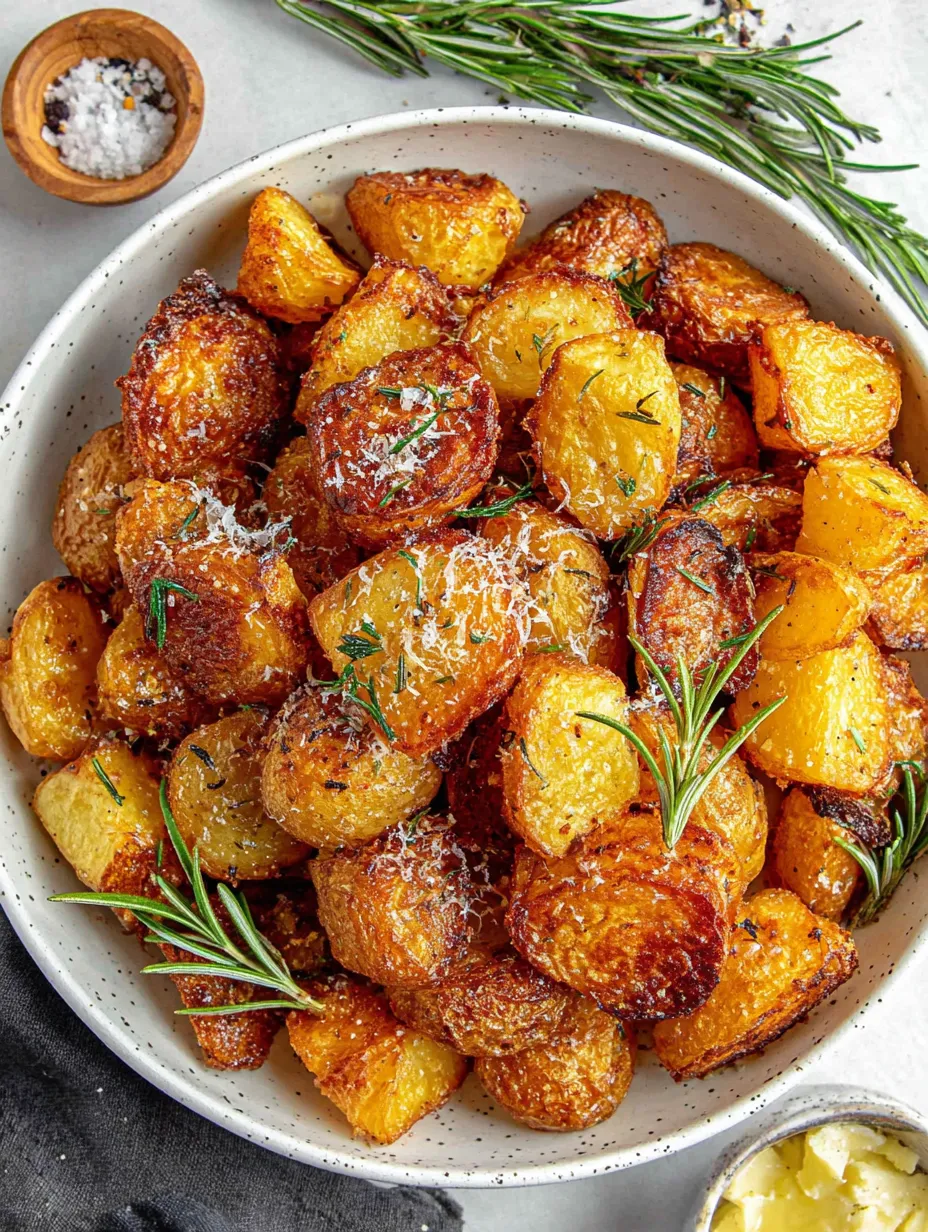 A bowl of roasted potatoes with herbs and garlic.