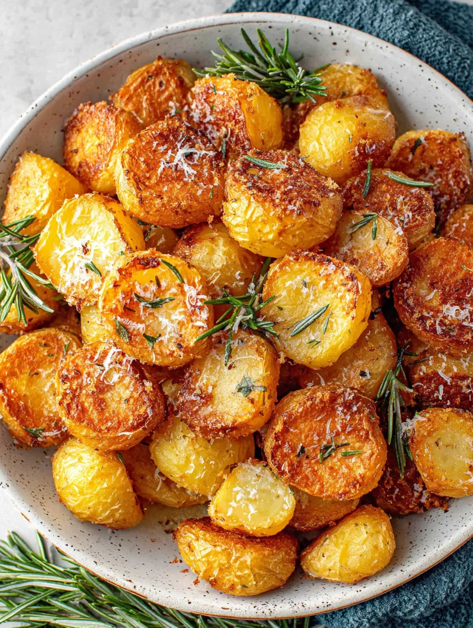 A bowl of crispy roast potatoes with rosemary and garlic.