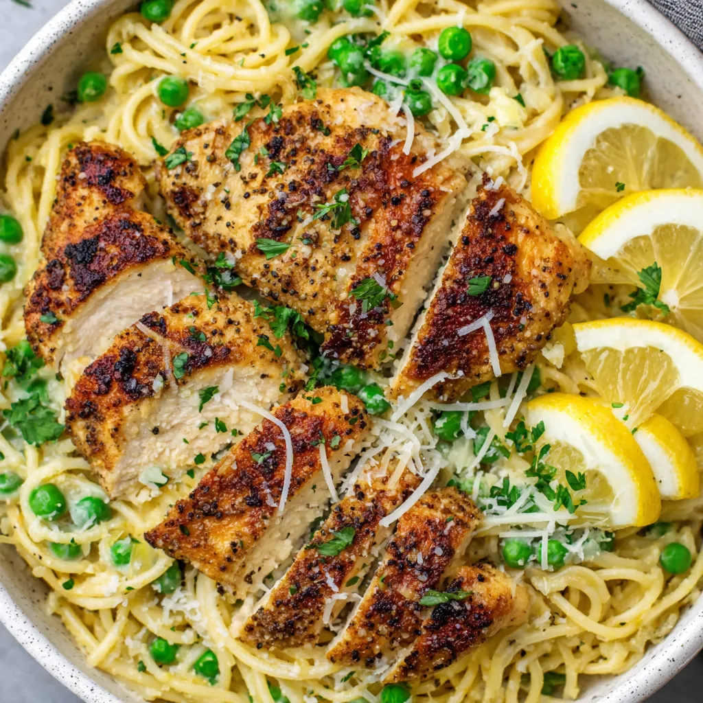 A bowl of lemon chicken pasta.