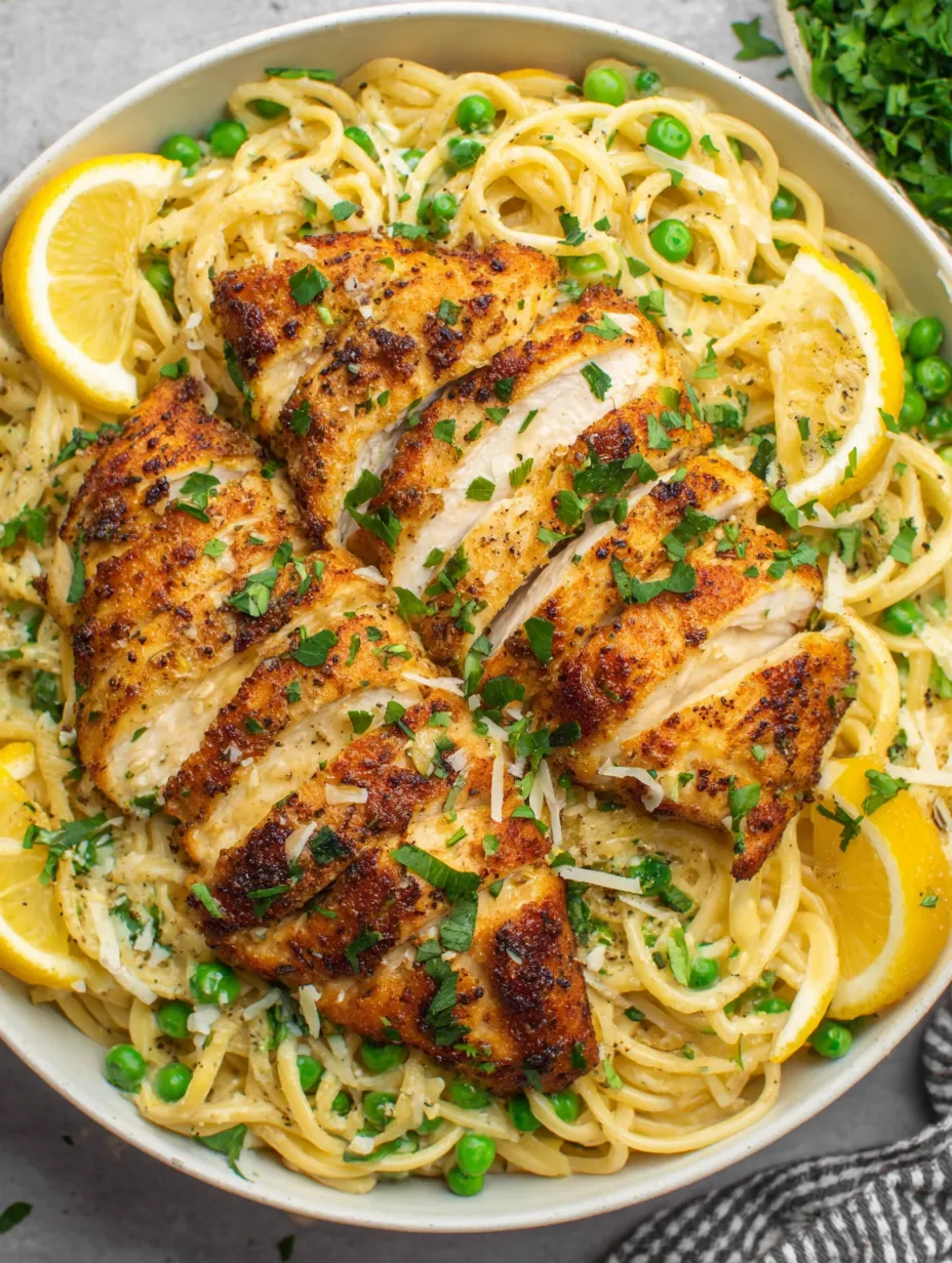A bowl of pasta with chicken and lemon.
