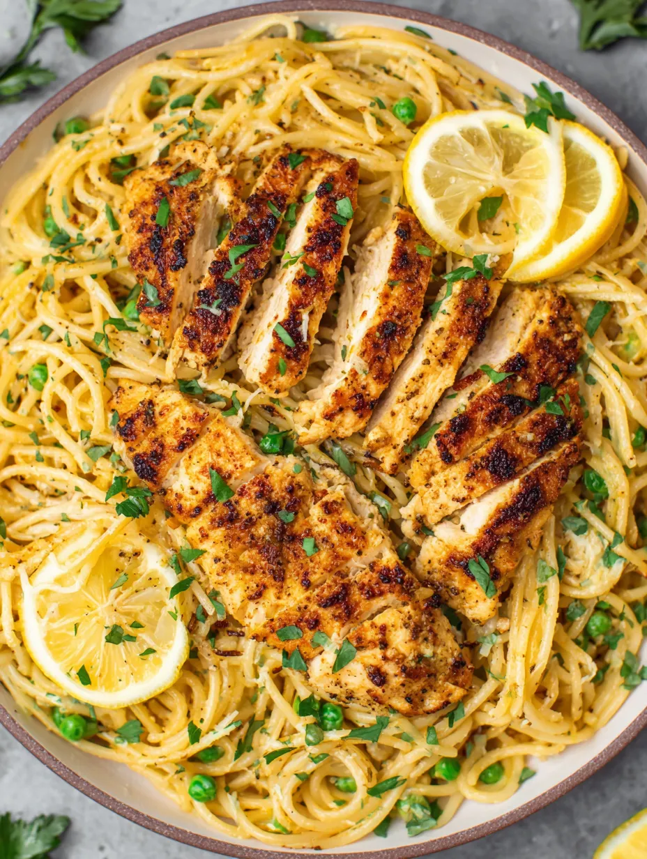 A bowl of pasta with chicken and lemon.