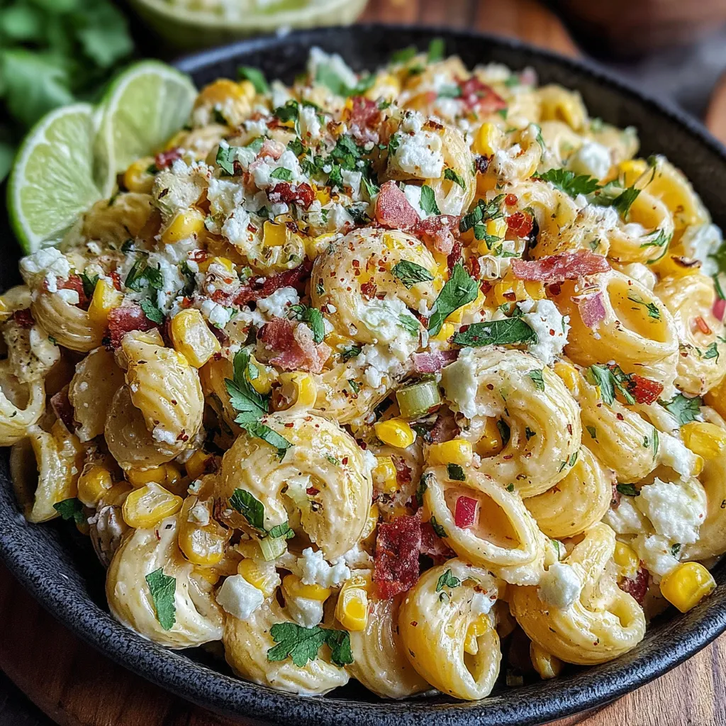 A bowl of Mexican street corn pasta salad.