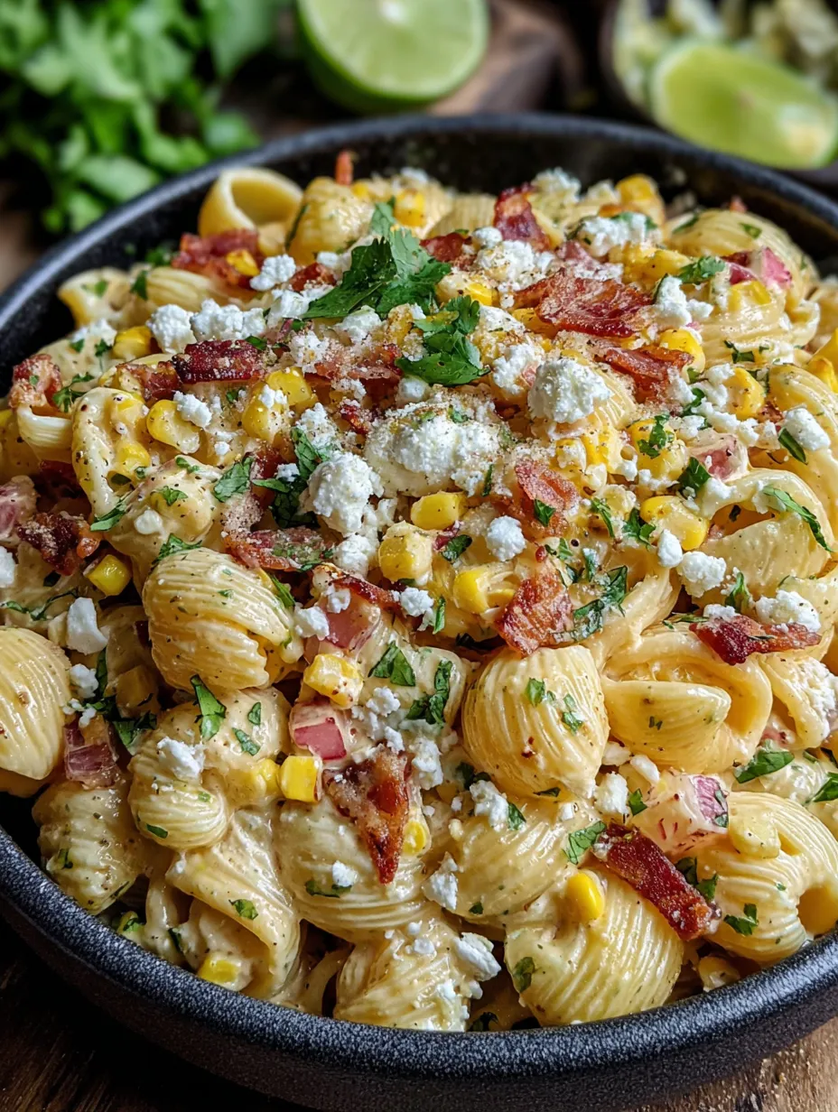 A bowl of Mexican street corn pasta salad.
