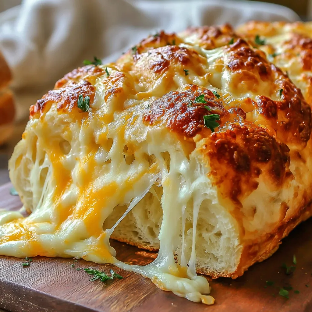 A slice of cheese bread on a wooden cutting board.