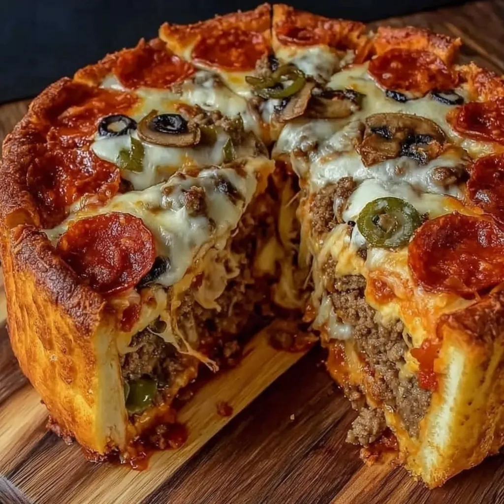 A slice of deep-dish pizza pie.
