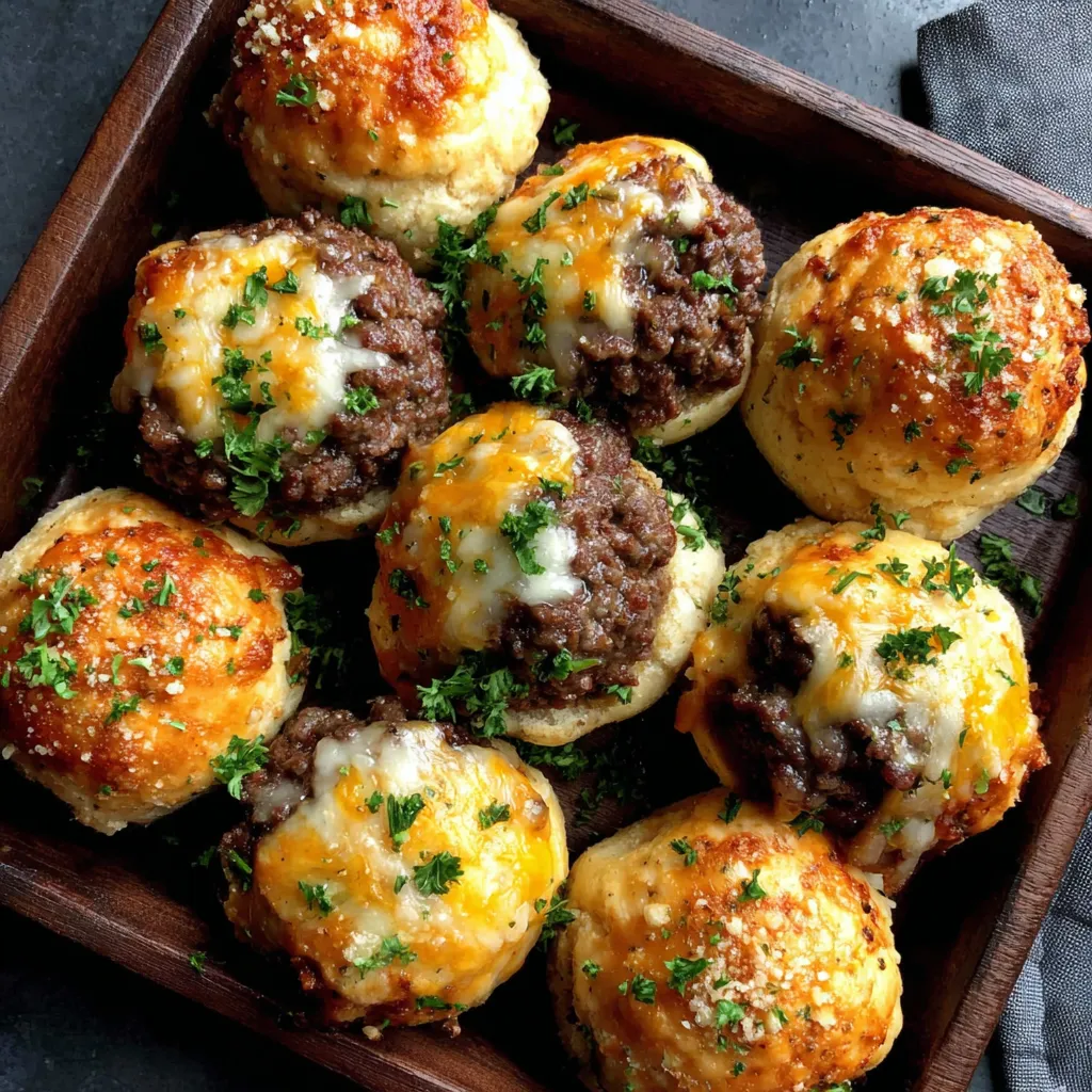 A wooden tray with a dozen garlic parmesan cheeseburger bombs.