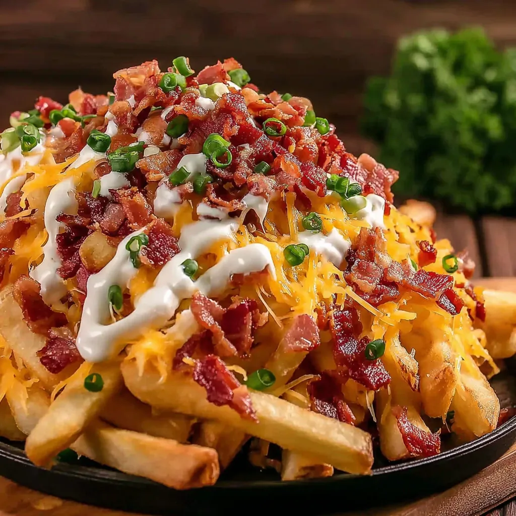 A loaded bacon cheese fries dish.