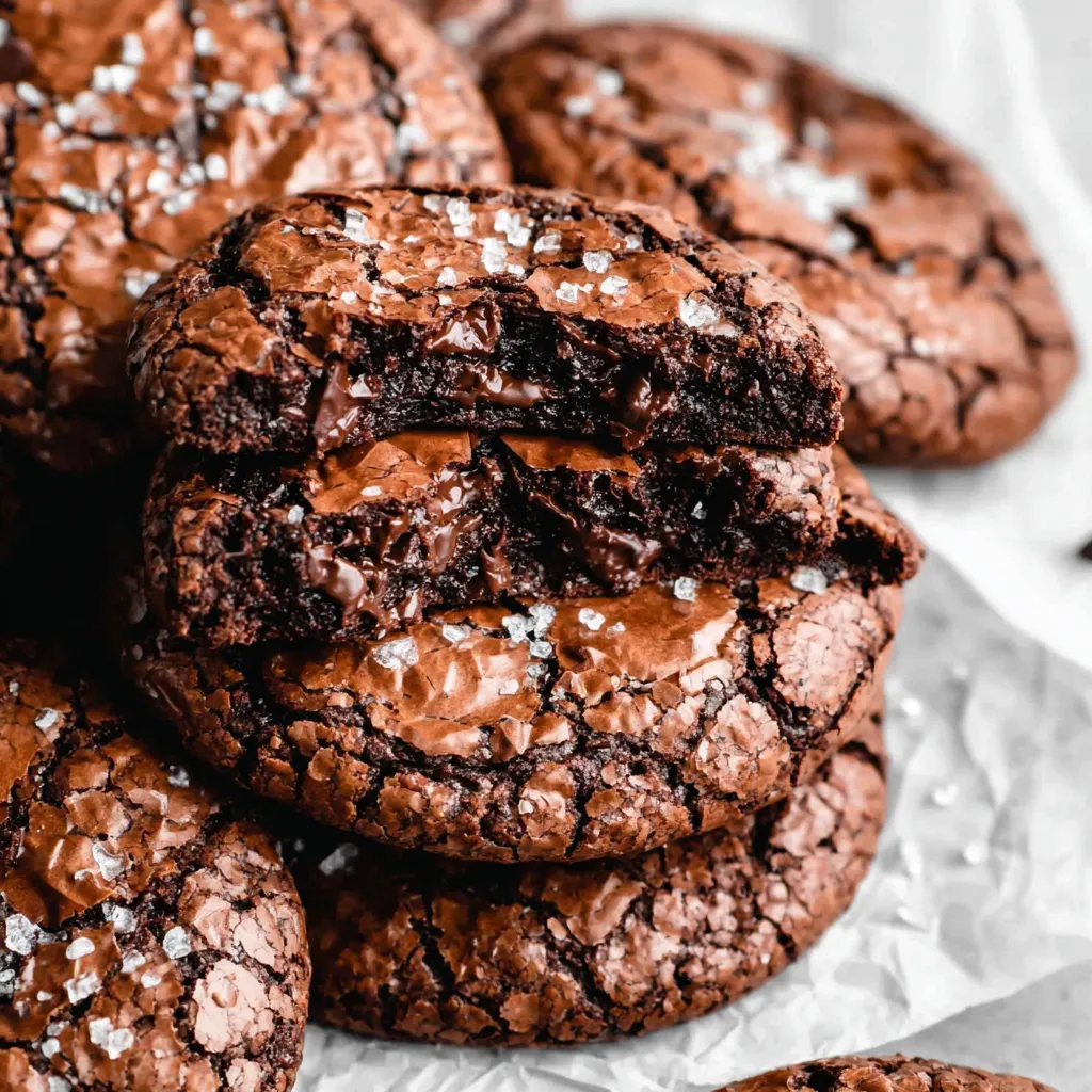 A stack of chocolate brownies with white sugar on top.