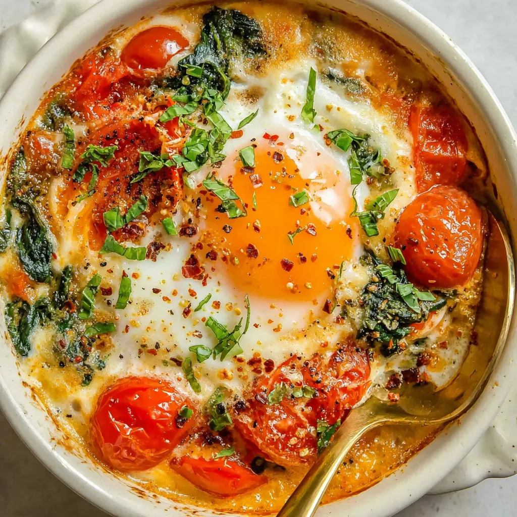A bowl of baked feta eggs with tomatoes.