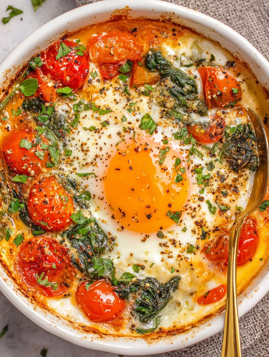 A dish of baked feta eggs with tomatoes and greens.