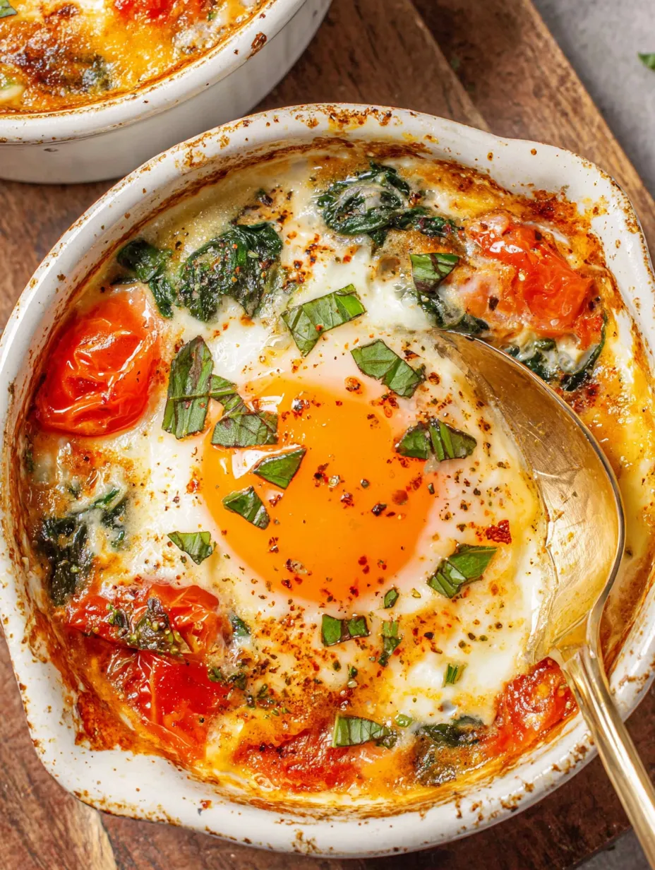 A dish of baked feta eggs with tomatoes and greens.